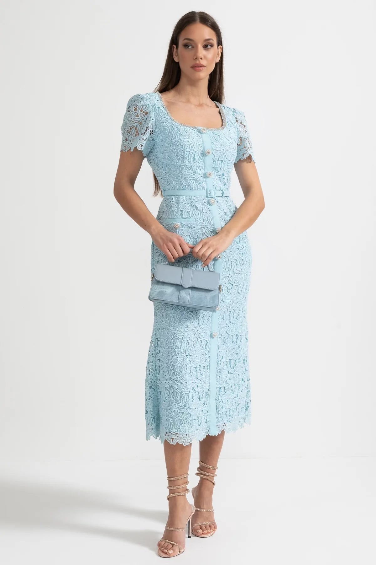 Delicate Azure Lace Midi Dress - Baby Blue - View 6