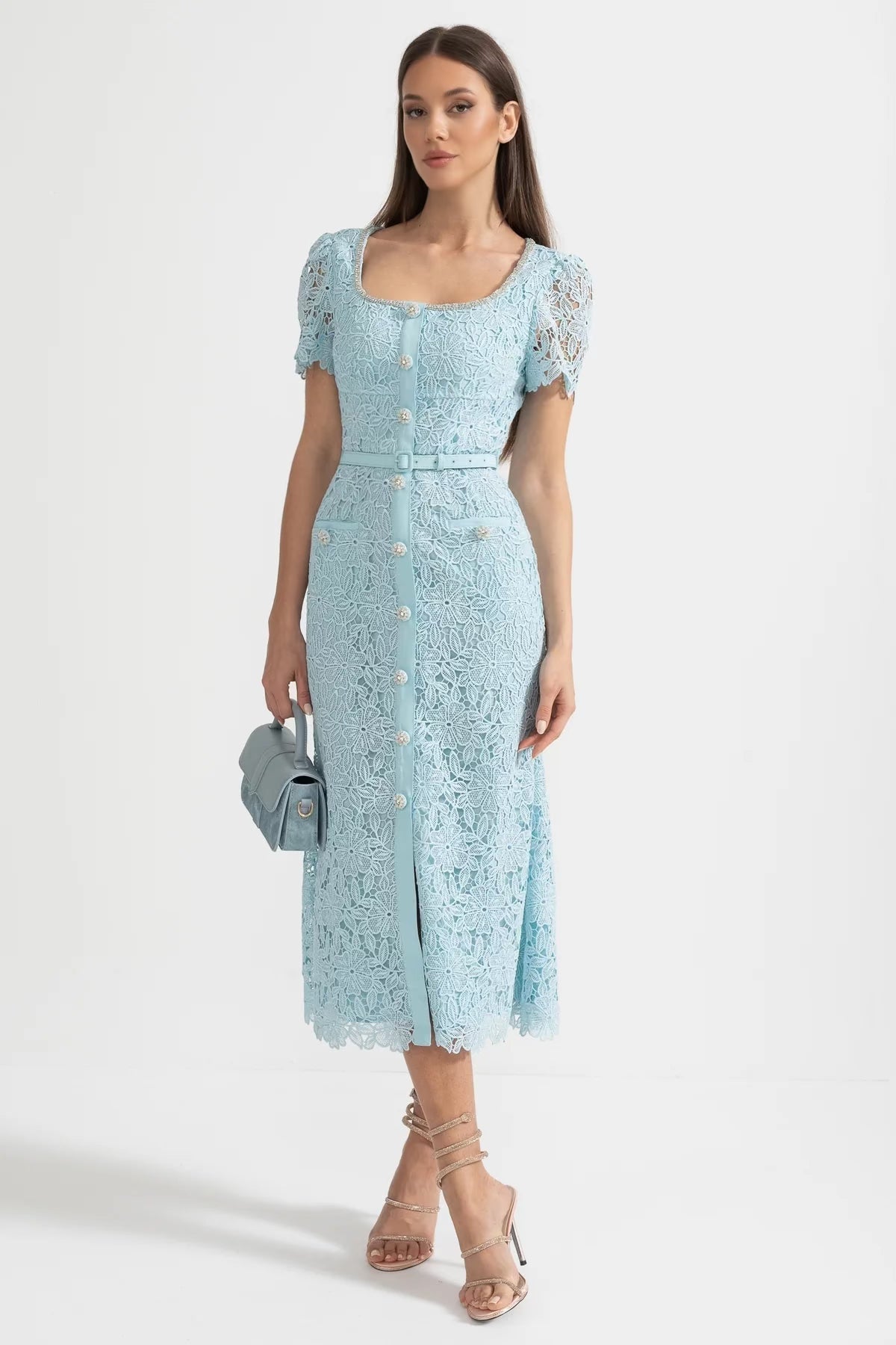 Delicate Azure Lace Midi Dress - Baby Blue - View 5