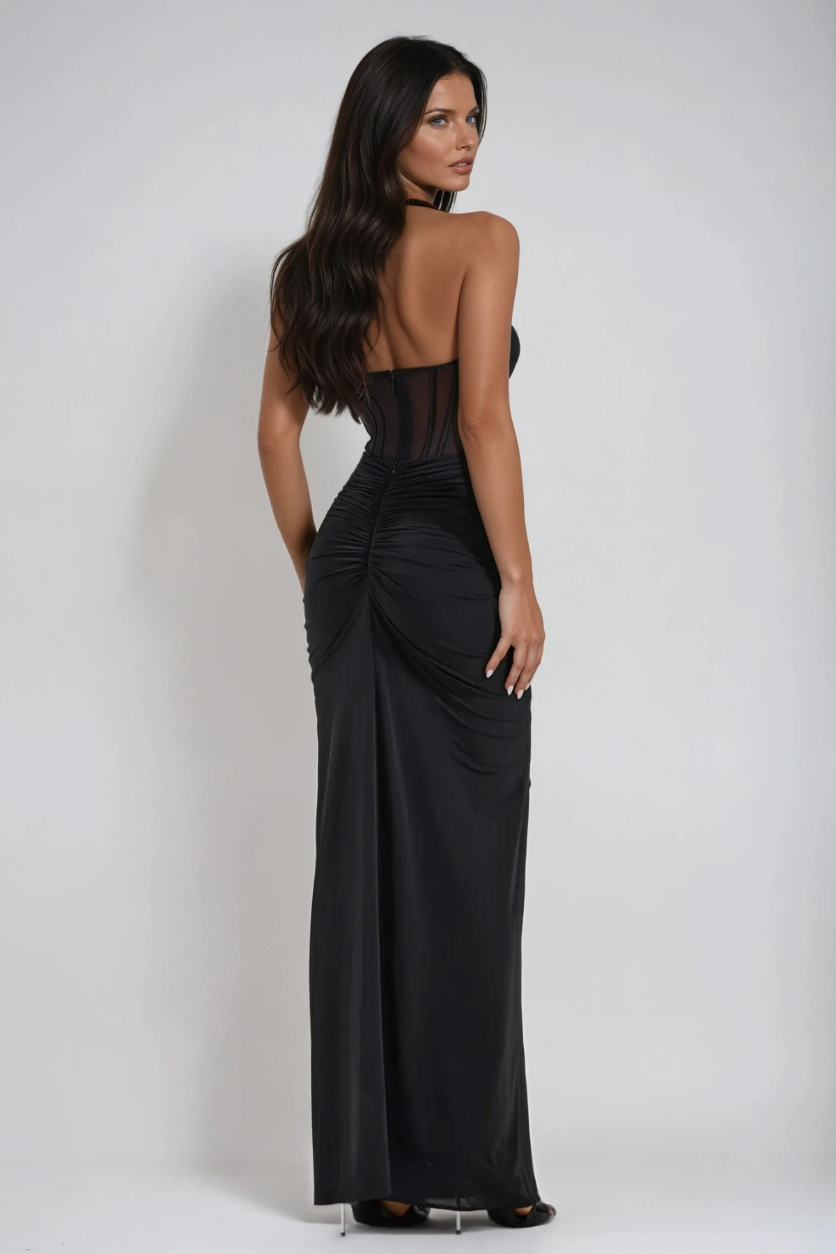 Halter Neck Corset Ruched Draped Maxi Gown - View 3