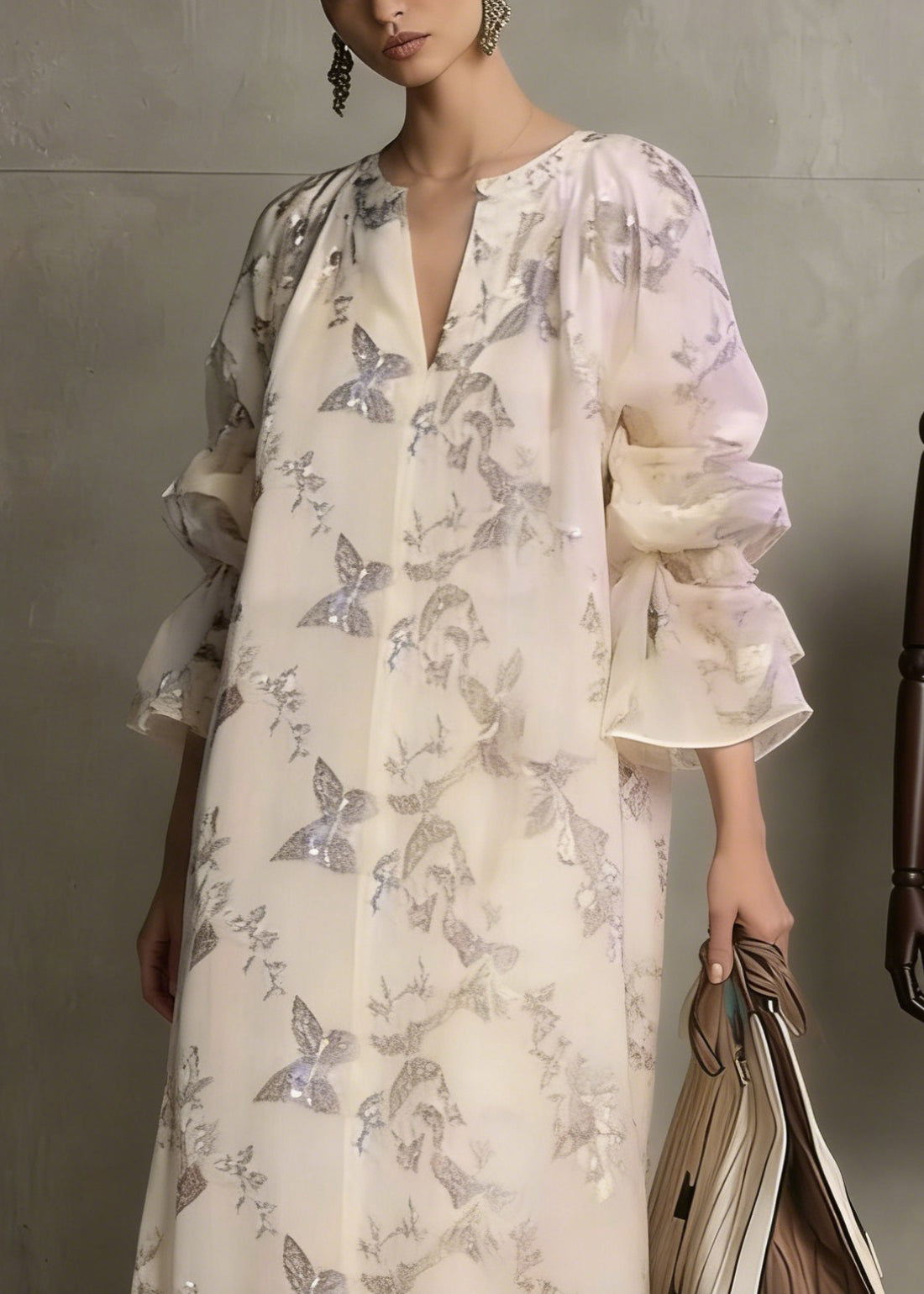 Butterfly Print Sequin Deep V-Neck Tiered Cuff Oversized Maxi Dress - View 2