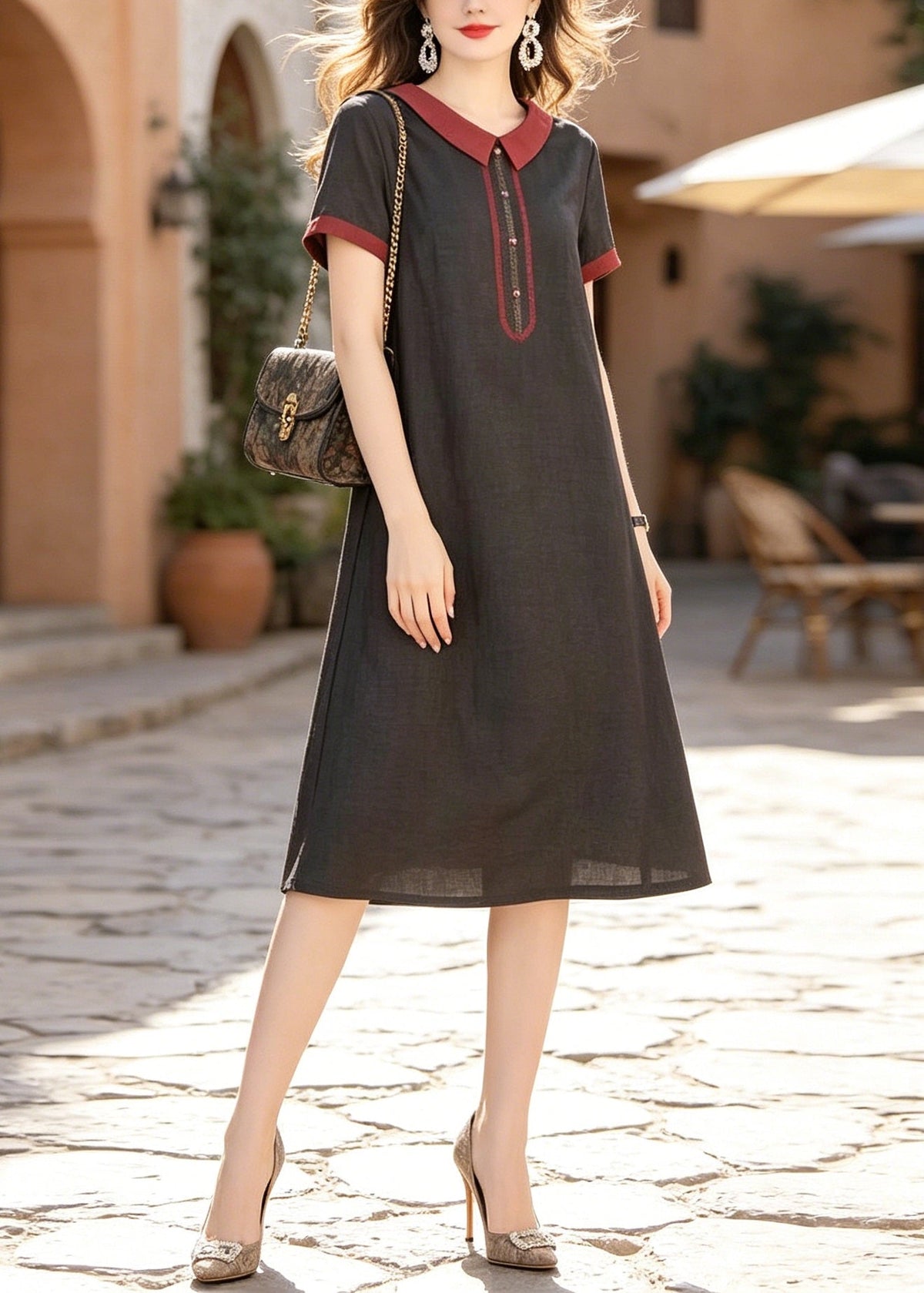 Woven Peter Pan Collar Contrast Trim A-Line Midi Dress - View 5