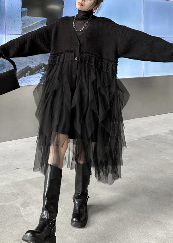 Knit Button Front Deep V-Neck Long Sleeve Tiered Tulle Midi Dress - View 2