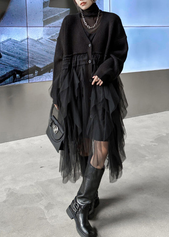 Knit Button Front Deep V-Neck Long Sleeve Tiered Tulle Midi Dress - View 3