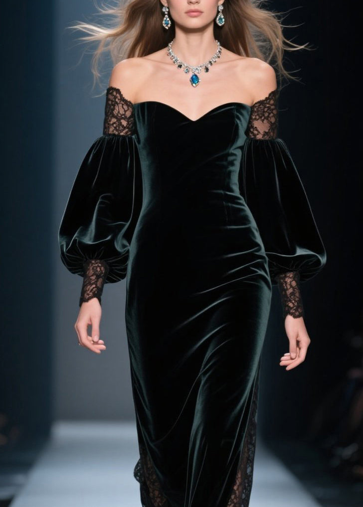 Velvet Off Shoulder Lace Inset Balloon Sleeve Maxi Gown - View 2