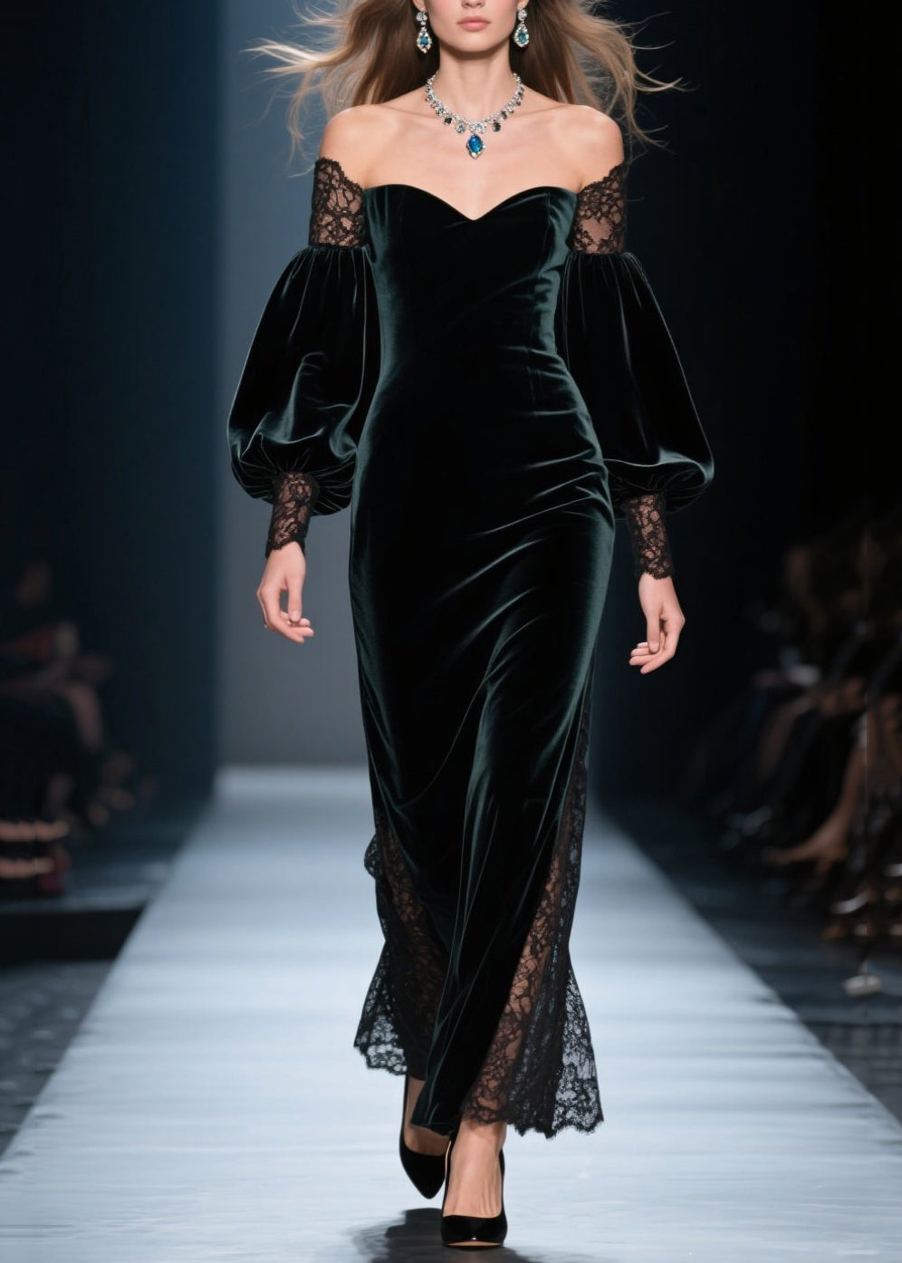 Velvet Off Shoulder Lace Inset Balloon Sleeve Maxi Gown - View 5