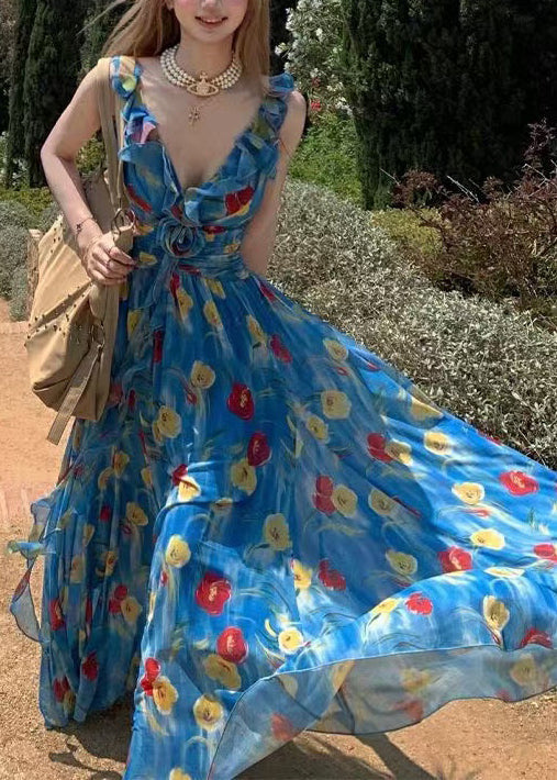 Fashion Blue Backless Print Chiffon Ankle Dress Summer