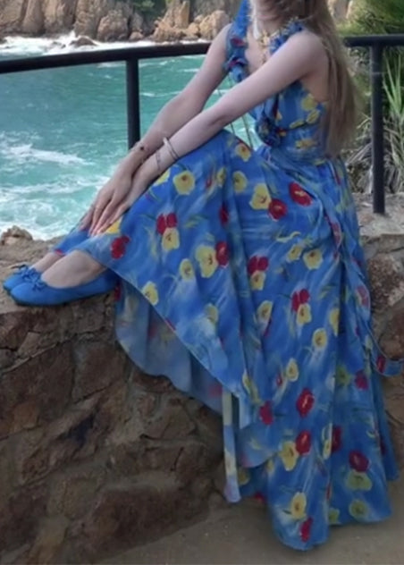 Fashion Blue Backless Print Chiffon Ankle Dress Summer - View 2