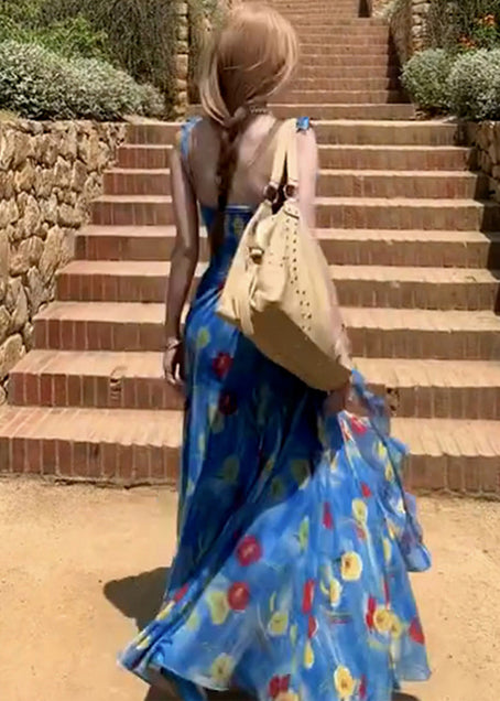 Fashion Blue Backless Print Chiffon Ankle Dress Summer - View 4
