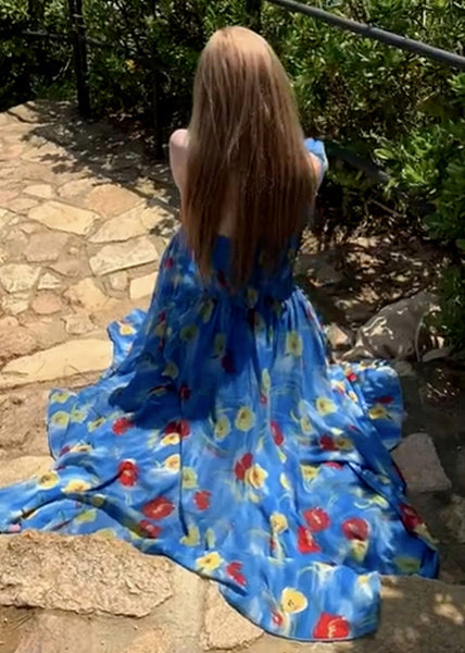 Fashion Blue Backless Print Chiffon Ankle Dress Summer - View 5