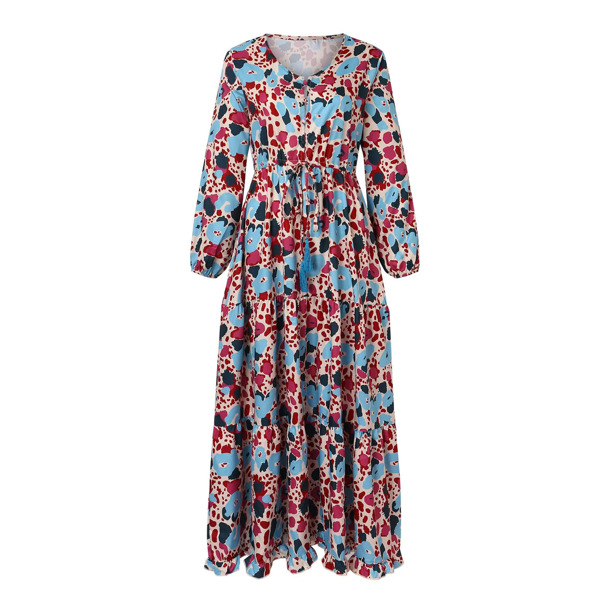 Paisley Print Deep V-Neck Long Sleeve Tiered Ruffle Maxi Dress - View 4