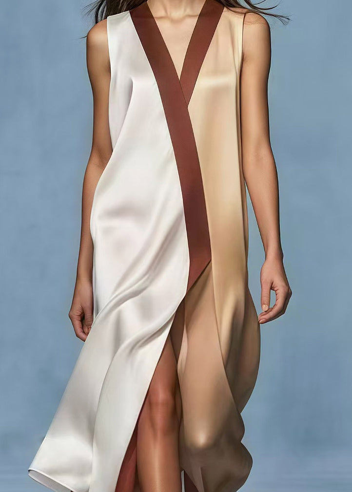 Satin Sleeveless Deep V-Neck Overlap Panel Wrap High Split Maxi Dress - View 4