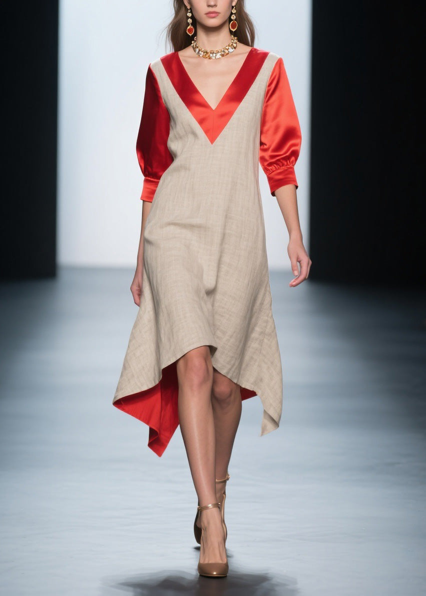 Deep V-Neck Puff Sleeve Woven Relaxed High Low Midi Dress - View 5