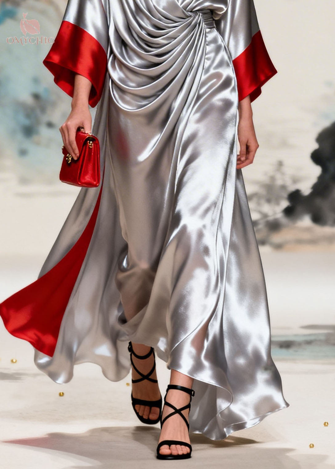 Satin Deep V-Neck Kimono Sleeve Twist Knot High Low Maxi Gown - View 4