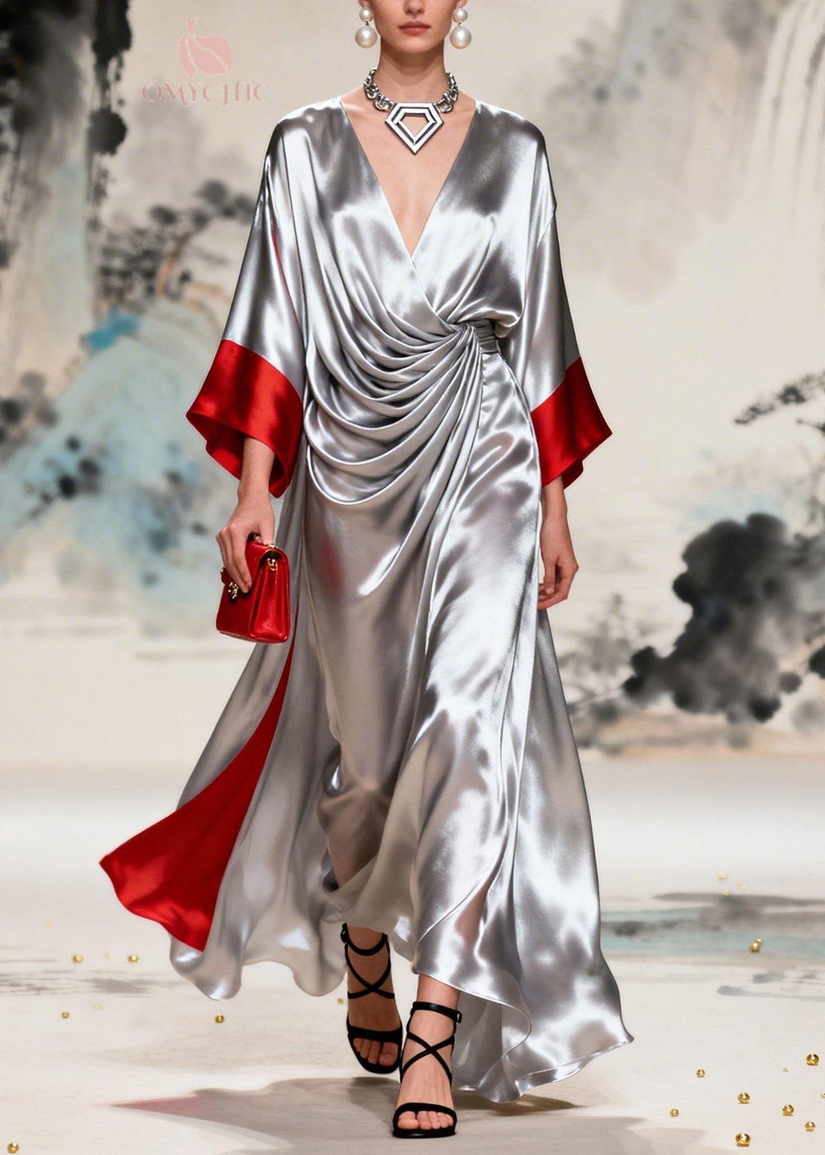 Satin Deep V-Neck Kimono Sleeve Twist Knot High Low Maxi Gown - View 5