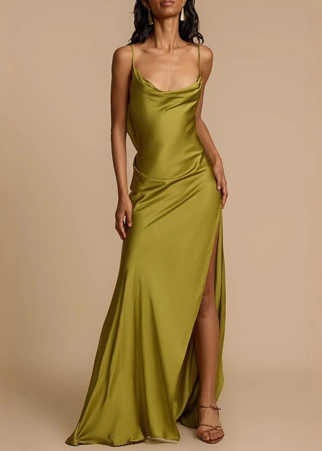 Satin Cowl Neck Spaghetti Strap High Split Bias Cut Maxi Gown - View 2