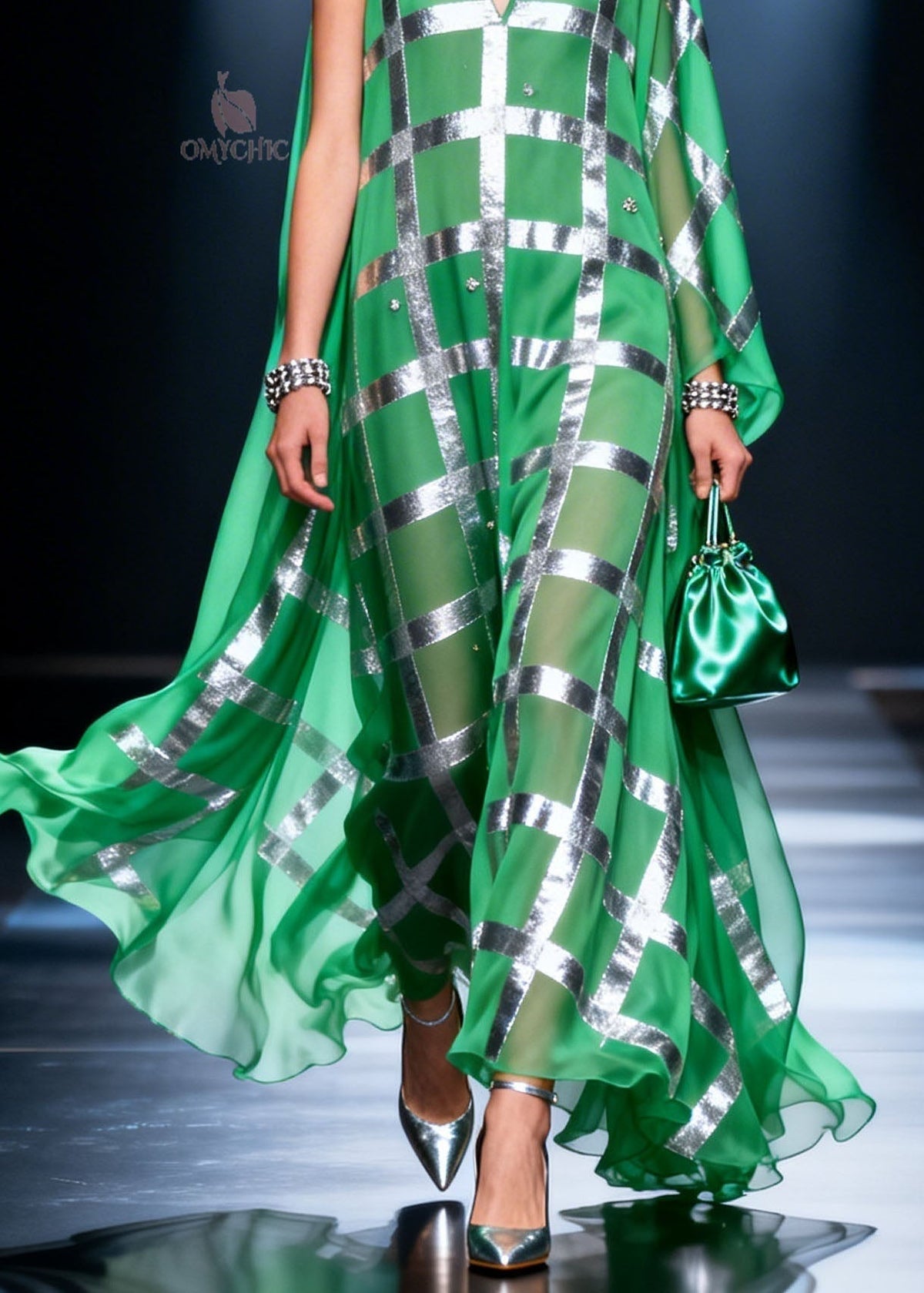 Metallic Grid Check Crystal Embellished V-Neck Maxi Gown - View 4
