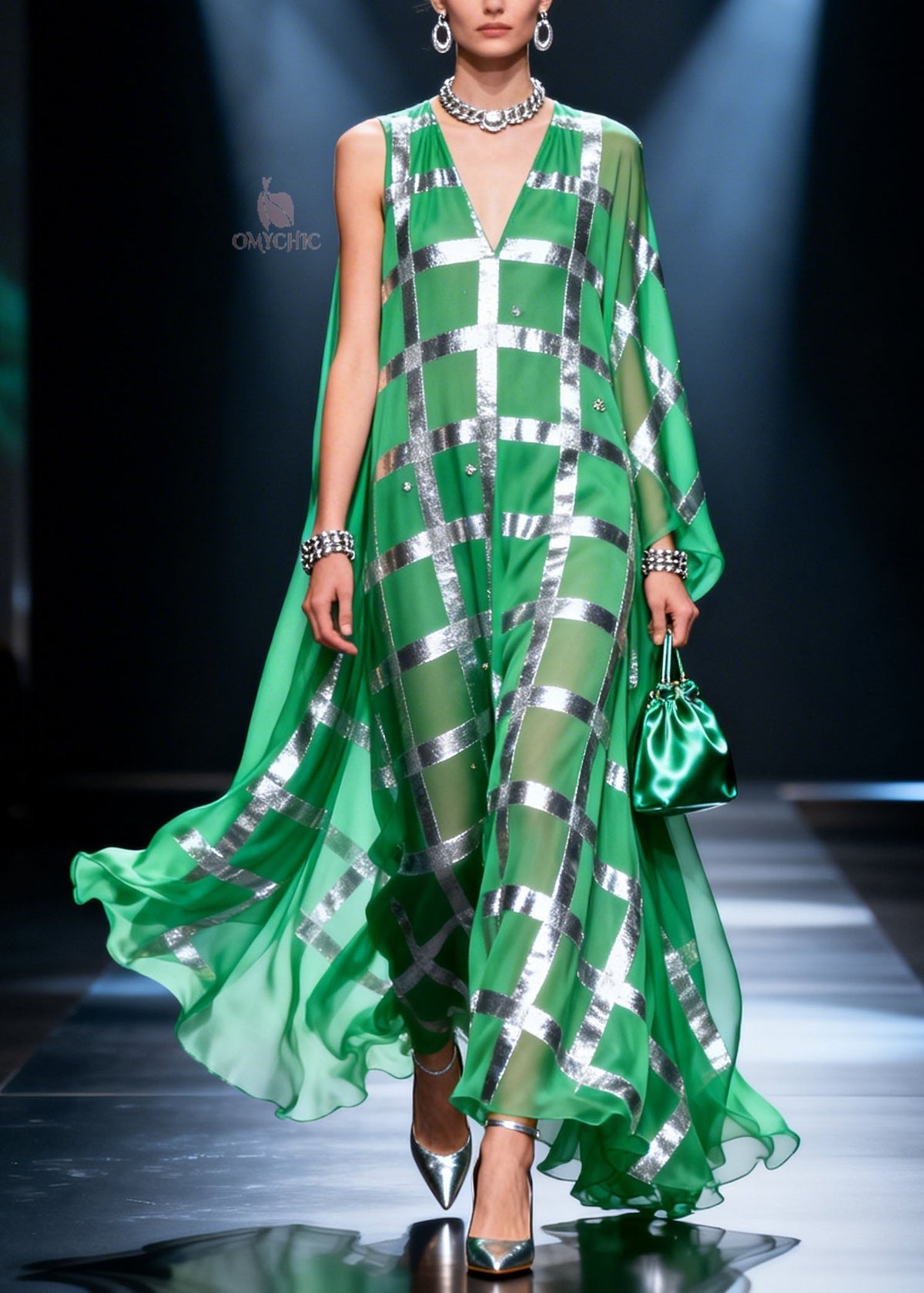 Metallic Grid Check Crystal Embellished V-Neck Maxi Gown - View 5