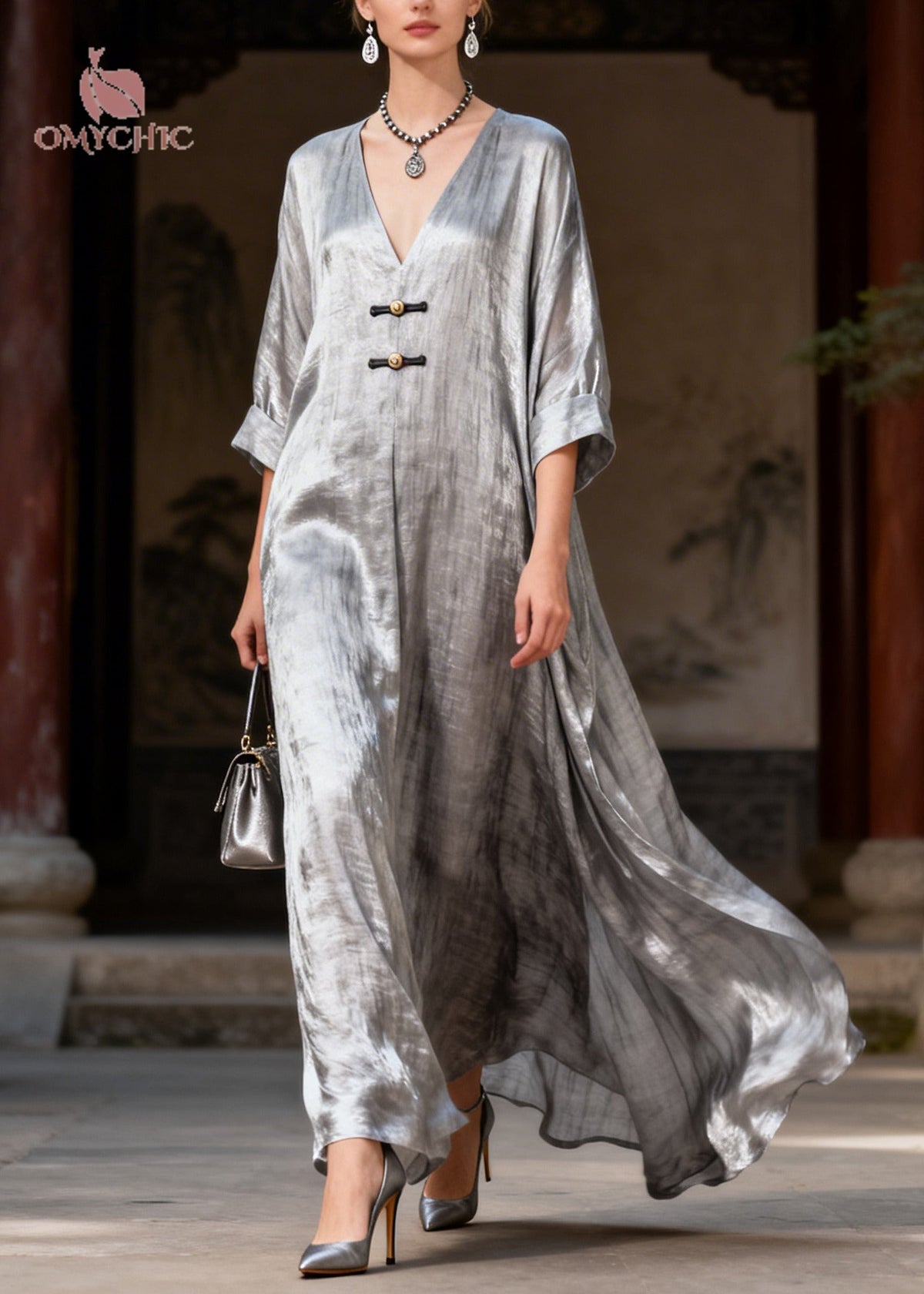 Shimmer Deep V-Neck Toggle Frog Closure Oversized Kaftan Maxi Dress