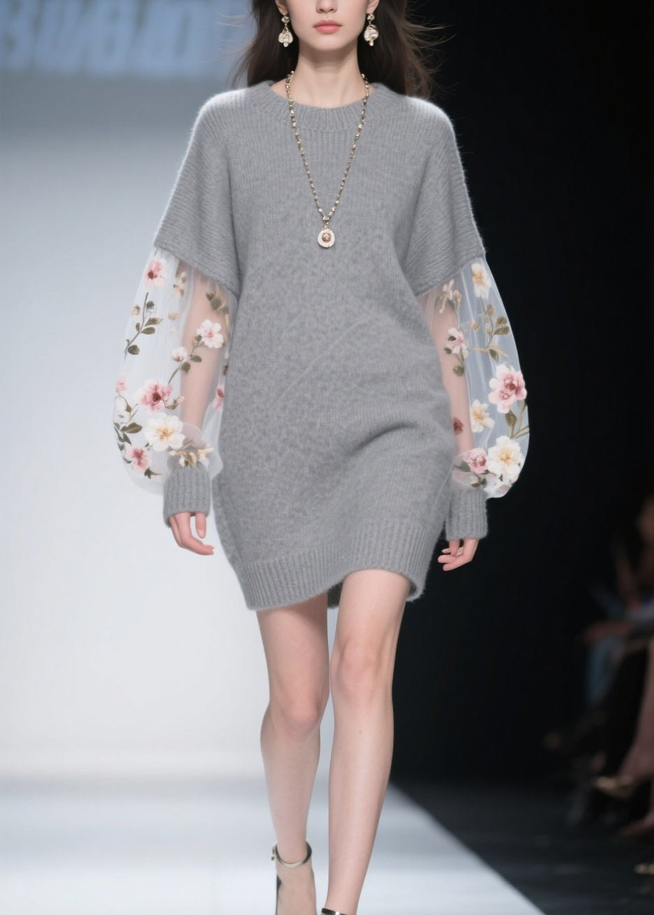 Crew Neck Floral Embroidered Mesh Sweater Mini Dress