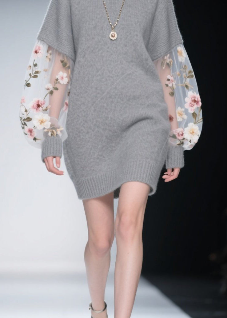 Crew Neck Floral Embroidered Mesh Sweater Mini Dress - View 4
