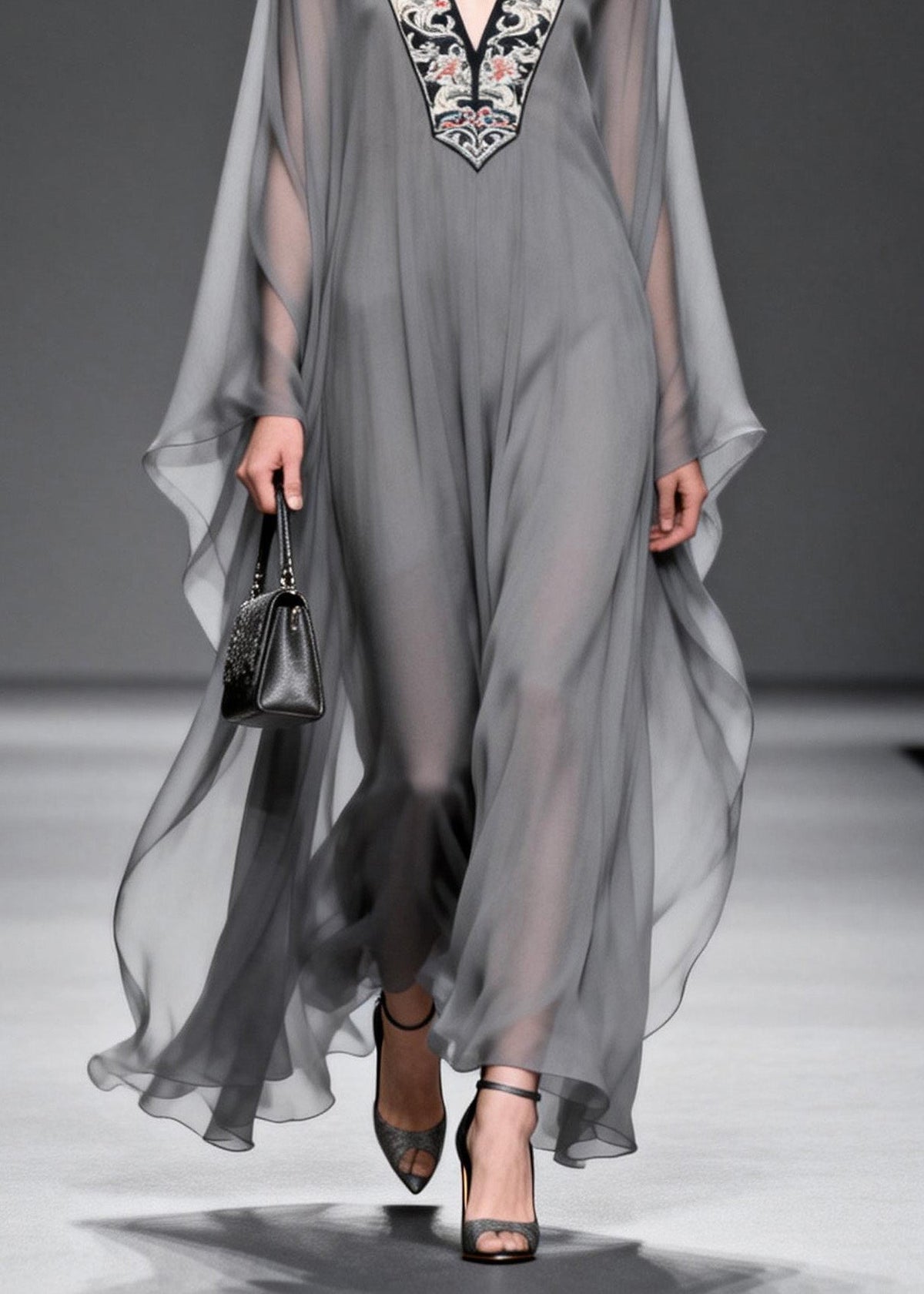 Fashion Grey V Neck Print Patchwork Chiffon Maxi Dresses Spring - View 4