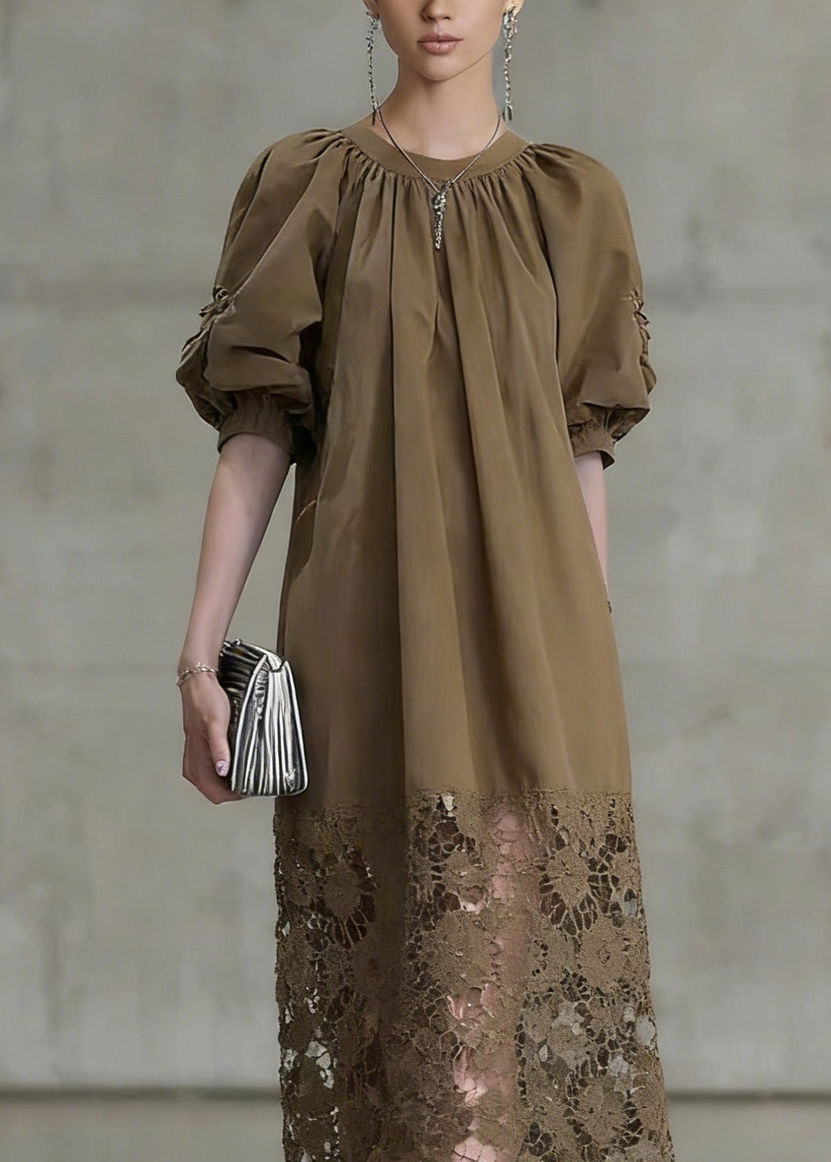 Fashion Light Coffee Puff Sleeve Lace Patchwork Cotton Long Dress - View 2