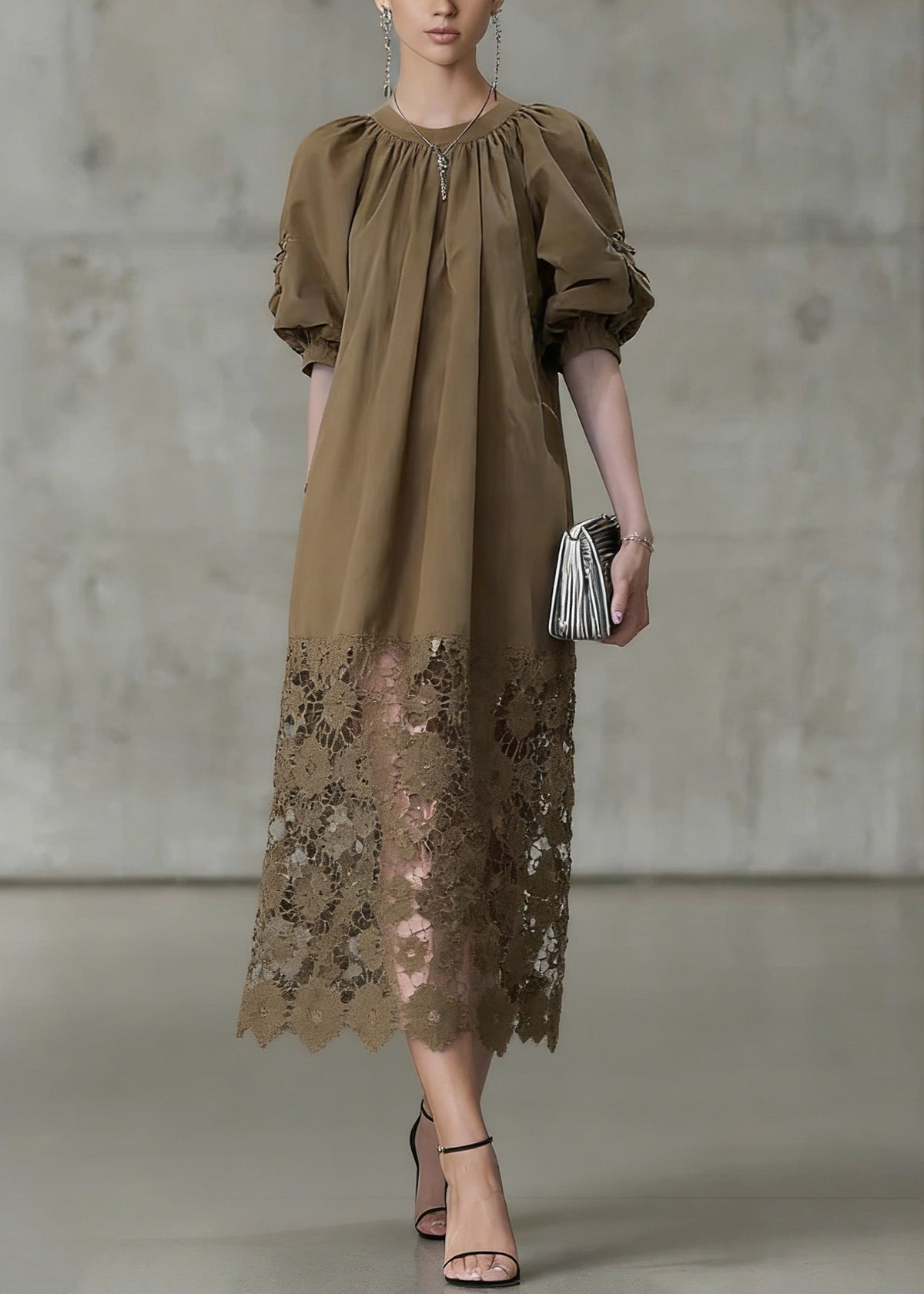 Fashion Light Coffee Puff Sleeve Lace Patchwork Cotton Long Dress - View 3