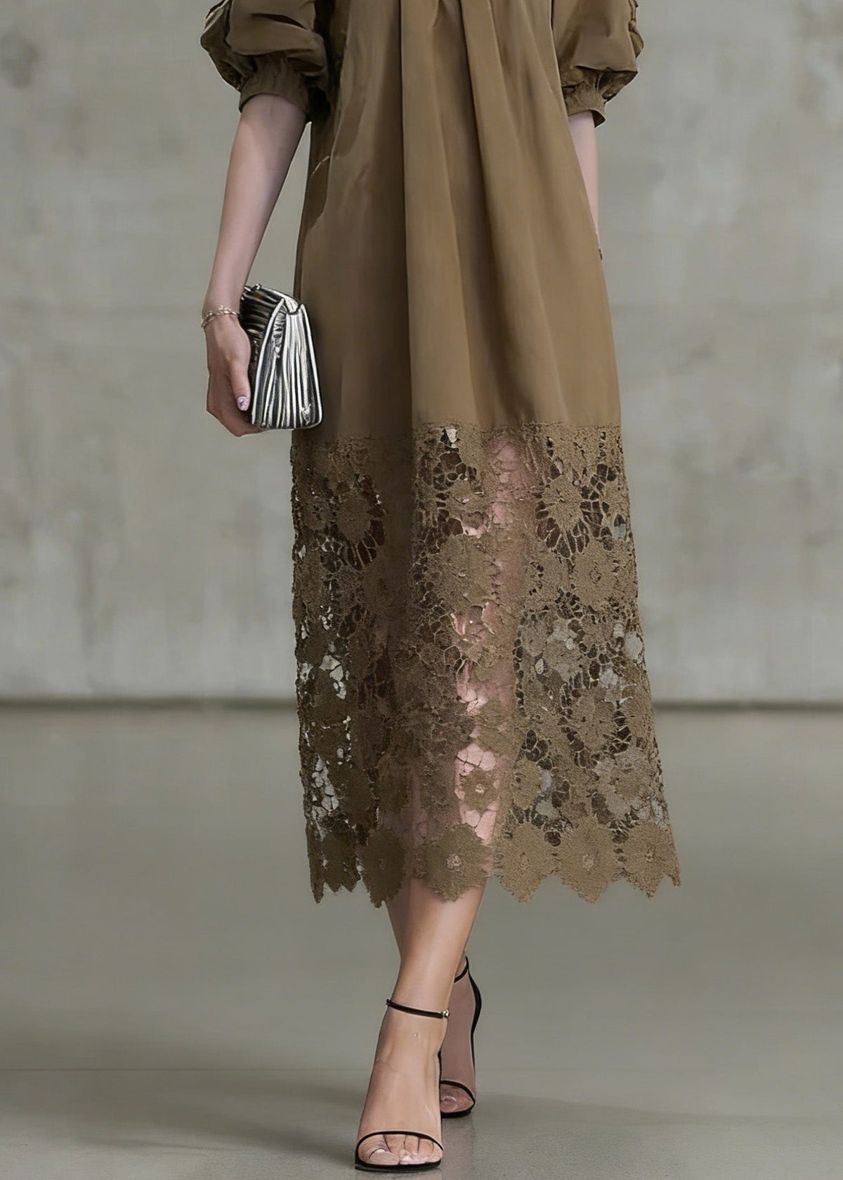 Fashion Light Coffee Puff Sleeve Lace Patchwork Cotton Long Dress - View 4