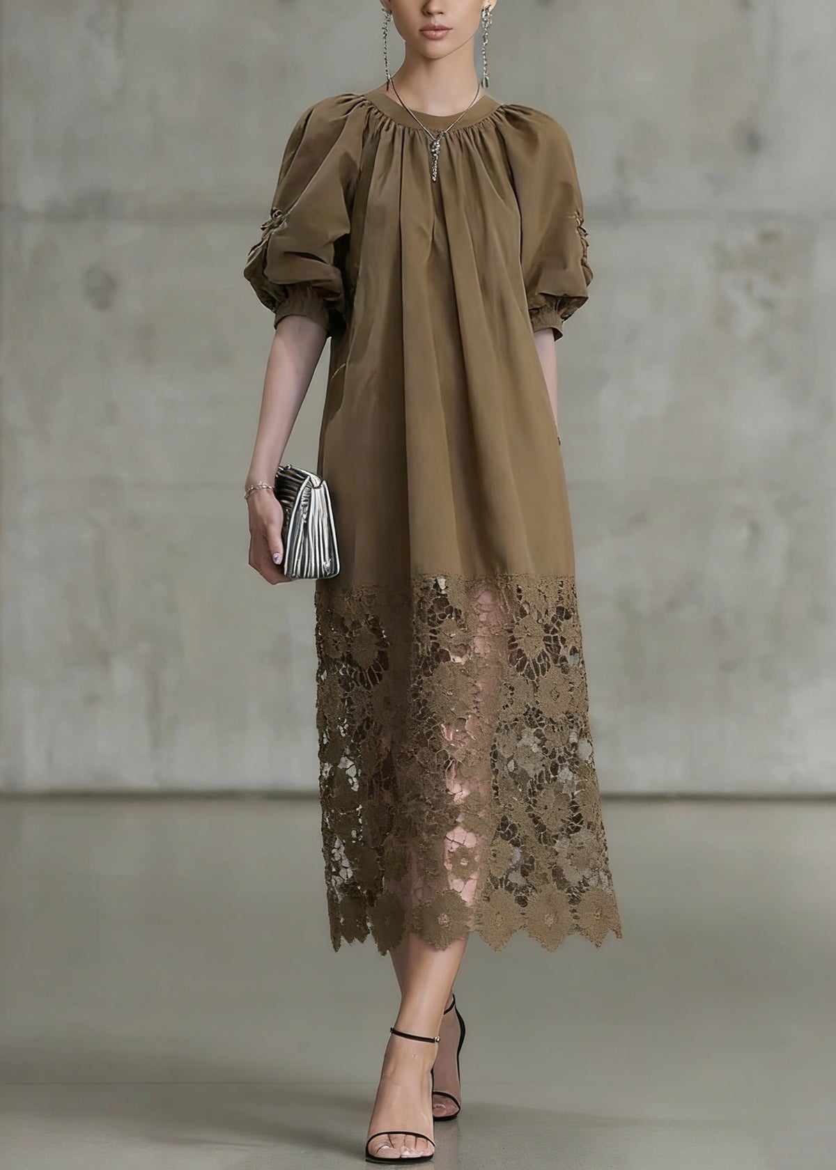 Fashion Light Coffee Puff Sleeve Lace Patchwork Cotton Long Dress - View 5