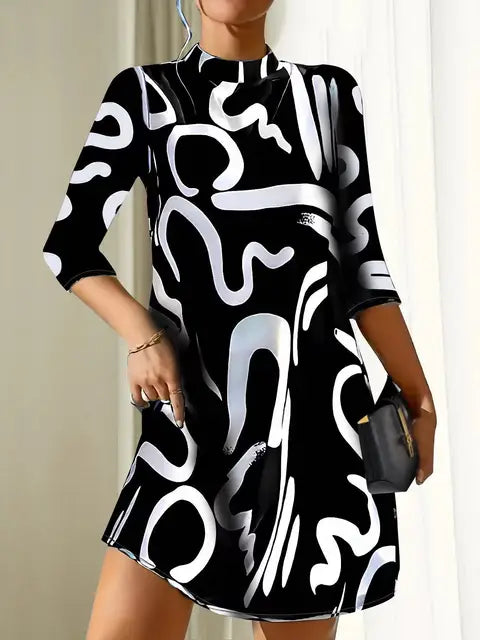 Abstract Graphic Print Mock Neck A-Line Shift Mini Dress - View 2