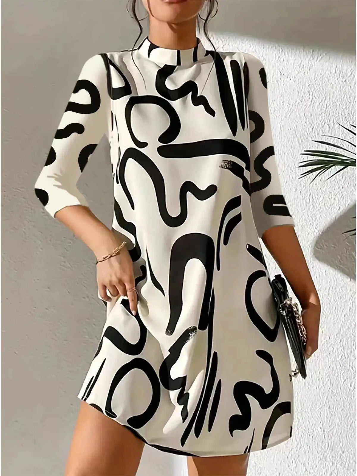 Abstract Graphic Print Mock Neck A-Line Shift Mini Dress - View 3