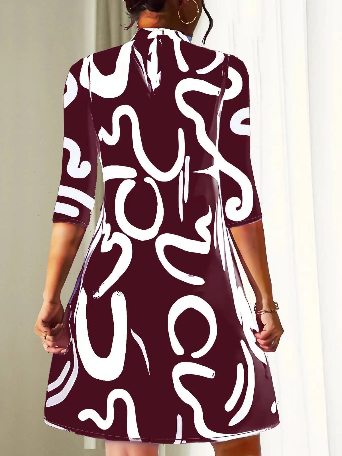 Abstract Graphic Print Mock Neck A-Line Shift Mini Dress - View 8