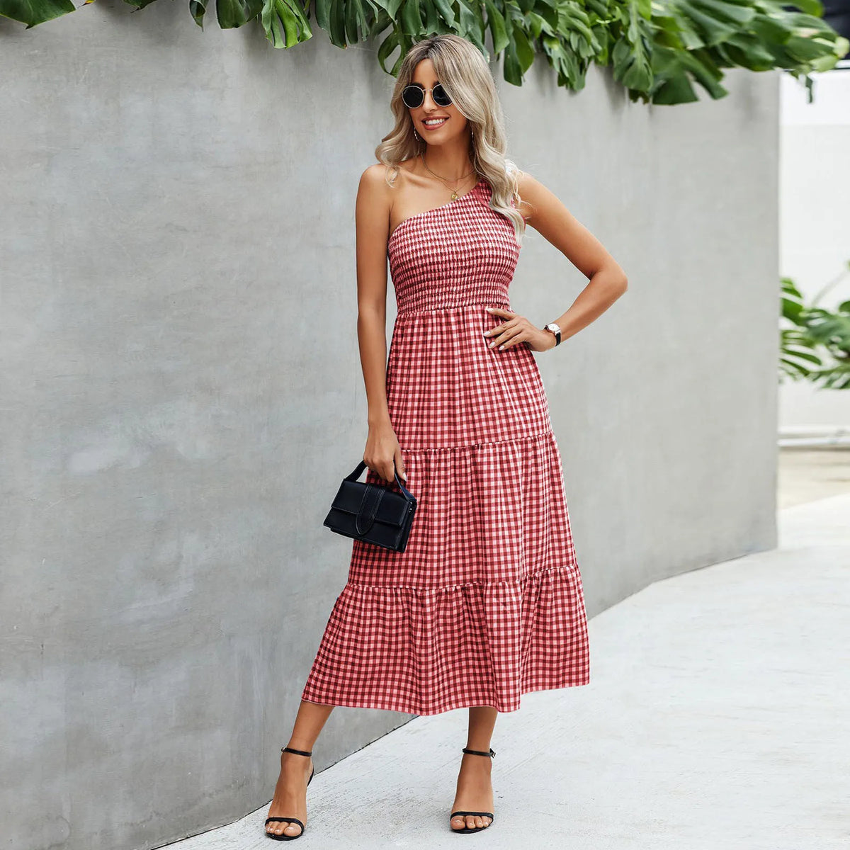 Gingham One Shoulder Sleeveless Tiered Maxi Dress - View 9