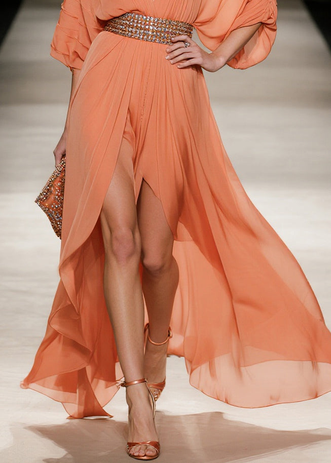 Fashion Orange Exra Large Hem Side Open Tulle Maxi Dress Summer - View 4