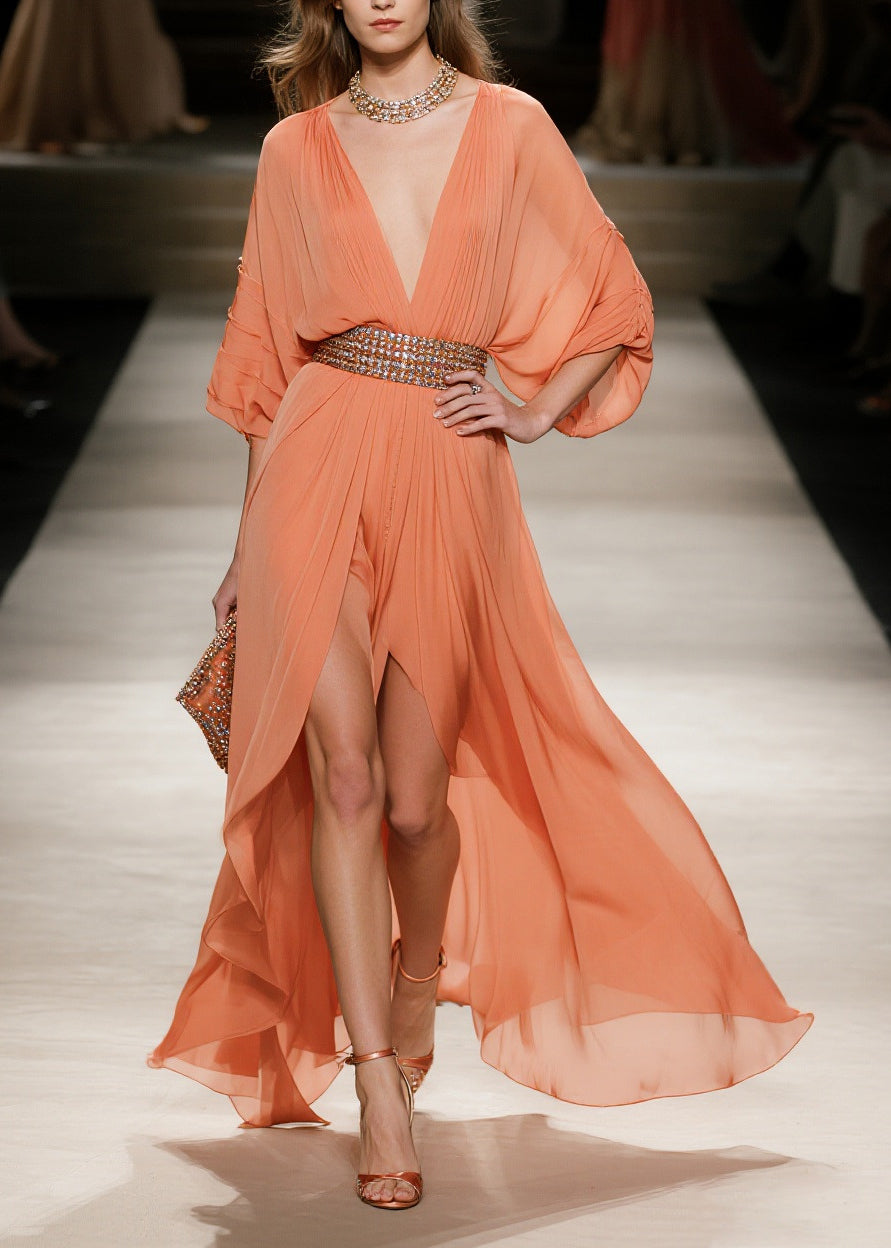 Fashion Orange Exra Large Hem Side Open Tulle Maxi Dress Summer - View 5