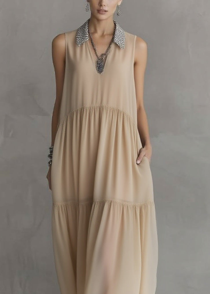Chiffon Sequin Collar V-Neck Sleeveless Tiered Pocket Midi Dress - View 2