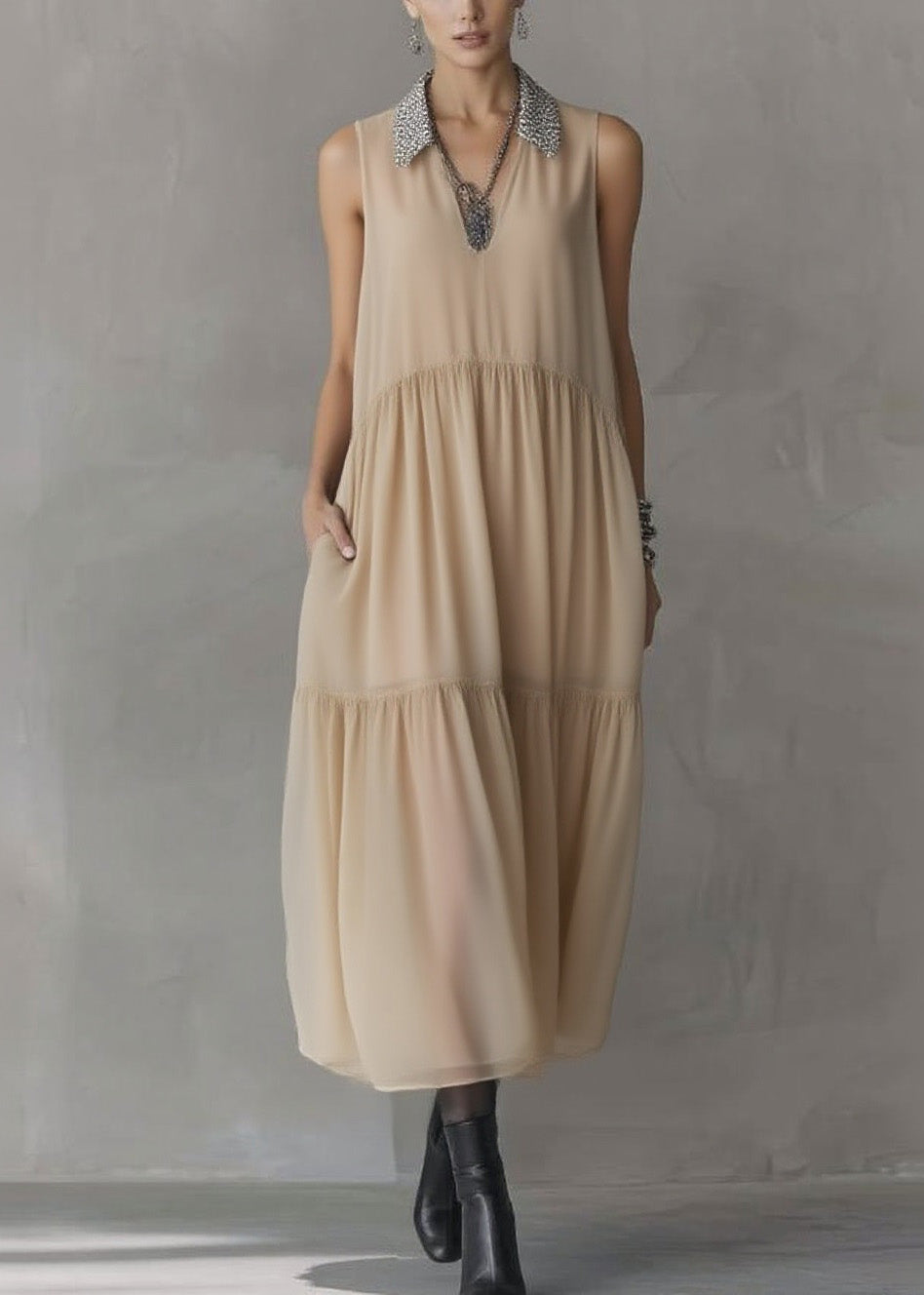 Chiffon Sequin Collar V-Neck Sleeveless Tiered Pocket Midi Dress - View 3