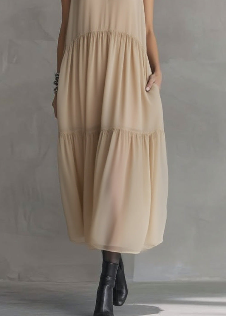 Chiffon Sequin Collar V-Neck Sleeveless Tiered Pocket Midi Dress - View 4