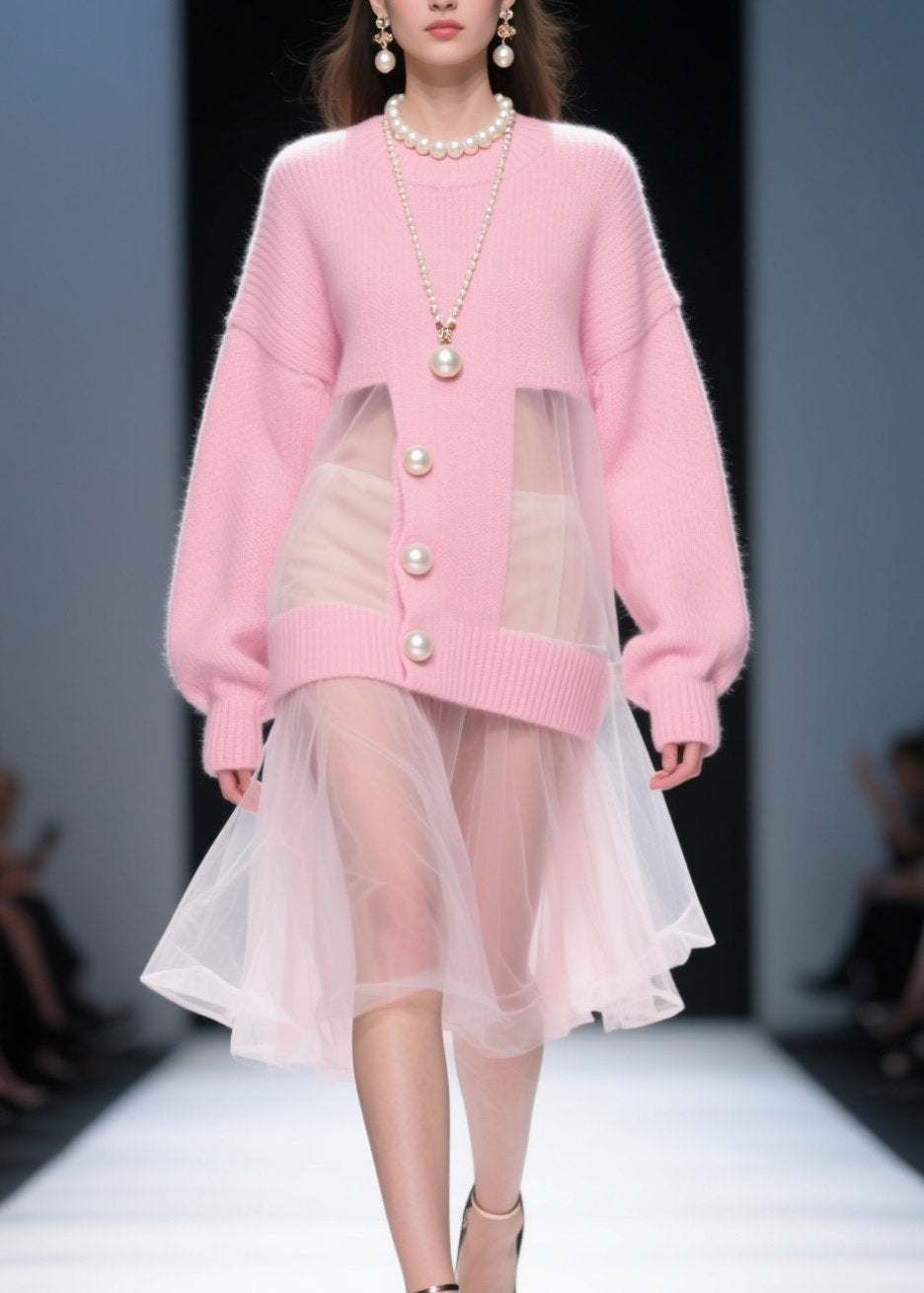 Tulle Patchwork Pearl Button Crew Neck Knit Midi Dress - View 3