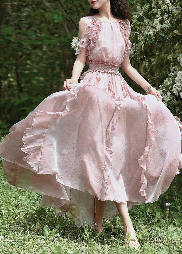 Fashion Pink Ruffled Patchwork Cold Shoulder Chiffon Dress Summer - View 2