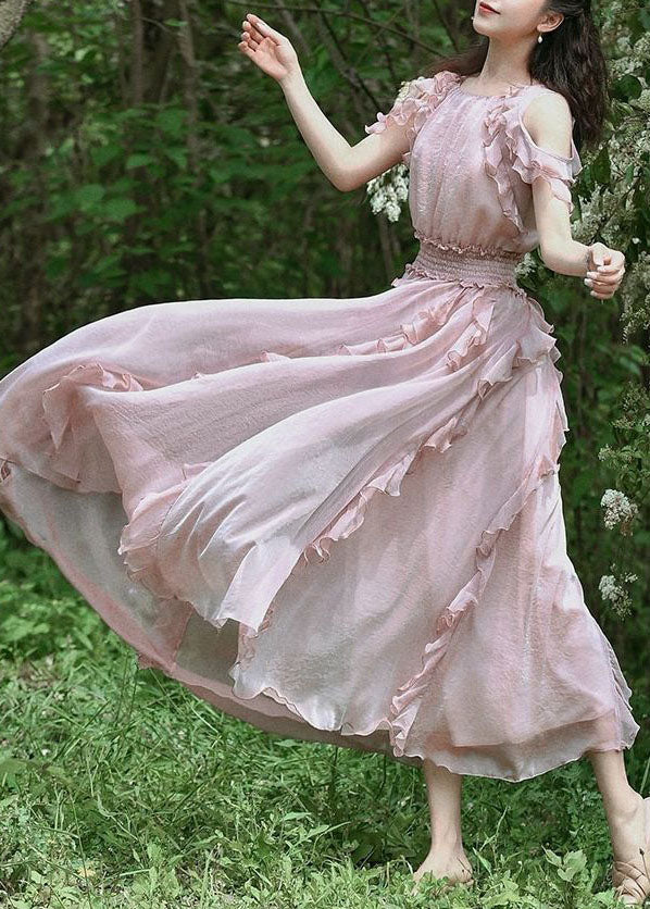 Fashion Pink Ruffled Patchwork Cold Shoulder Chiffon Dress Summer - View 3