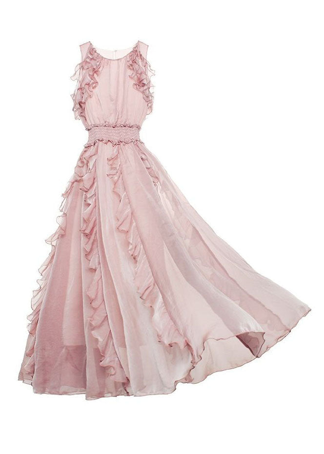 Fashion Pink Ruffled Patchwork Cold Shoulder Chiffon Dress Summer - View 5