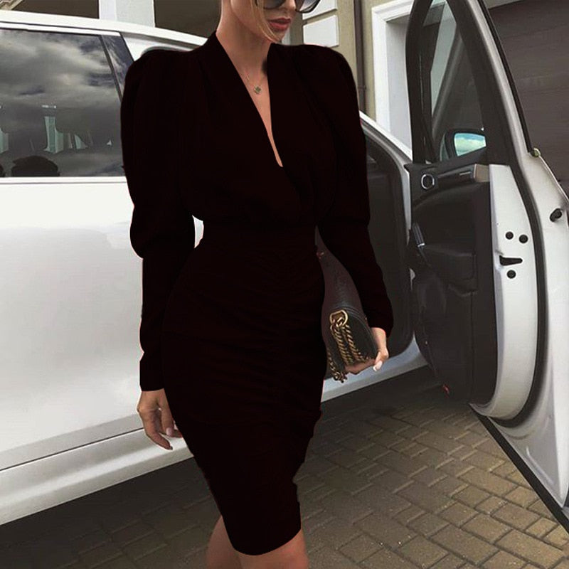 Deep V-Neck Puff Shoulder Long Sleeve Ruched Wrap Waist Midi Dress - View 8