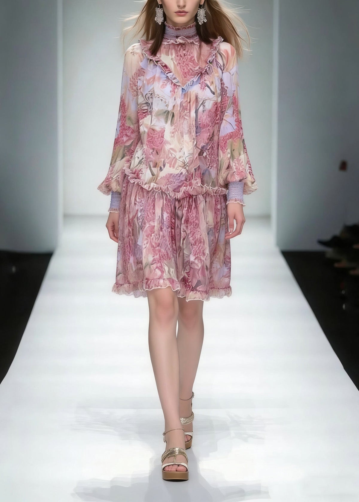 Fashion Red Stand Collar Ruffled Print Chiffon Dress Long Sleeve
