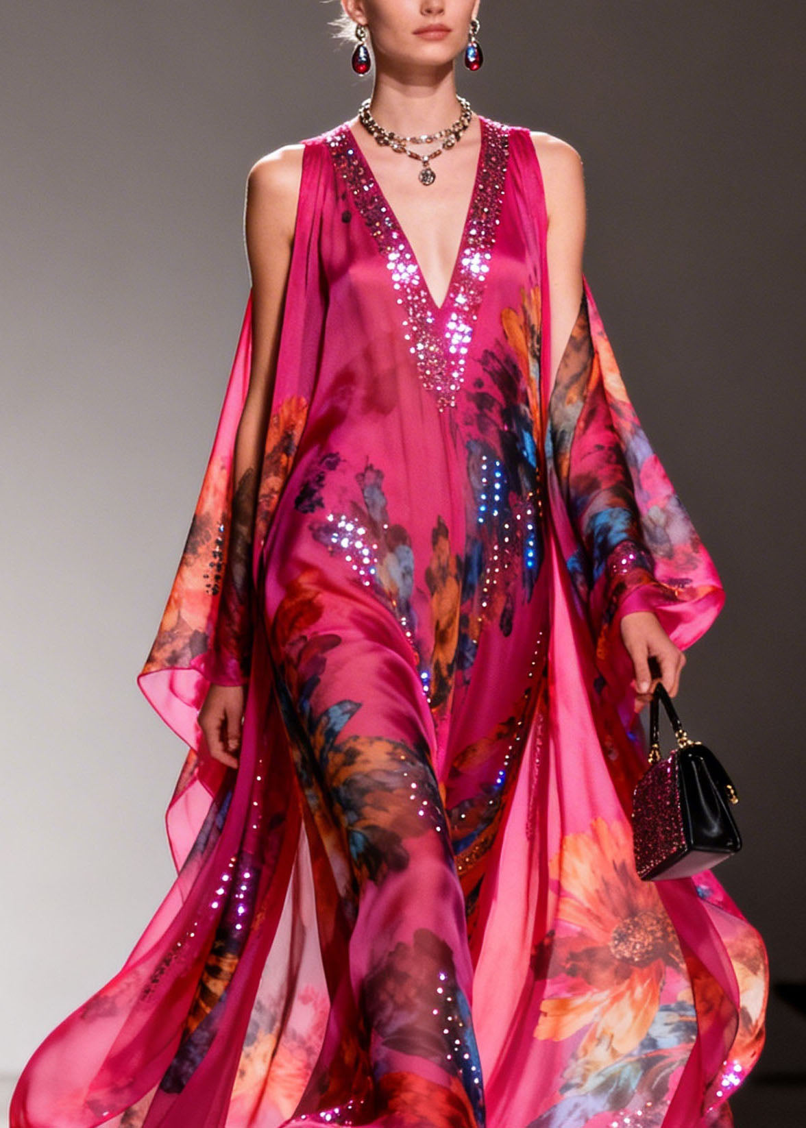 Floral Print Sequin Trim Deep V-Neck Sheer Cape Overlay Maxi Gown - View 2