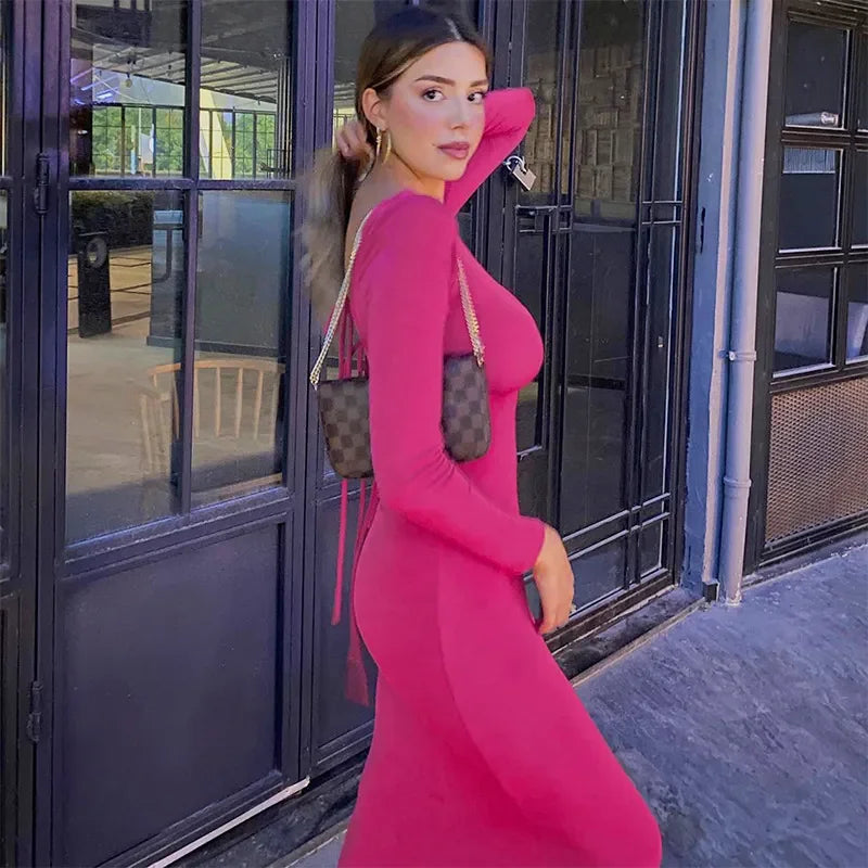 Round Neck Backless Maxi Dress Pink / S