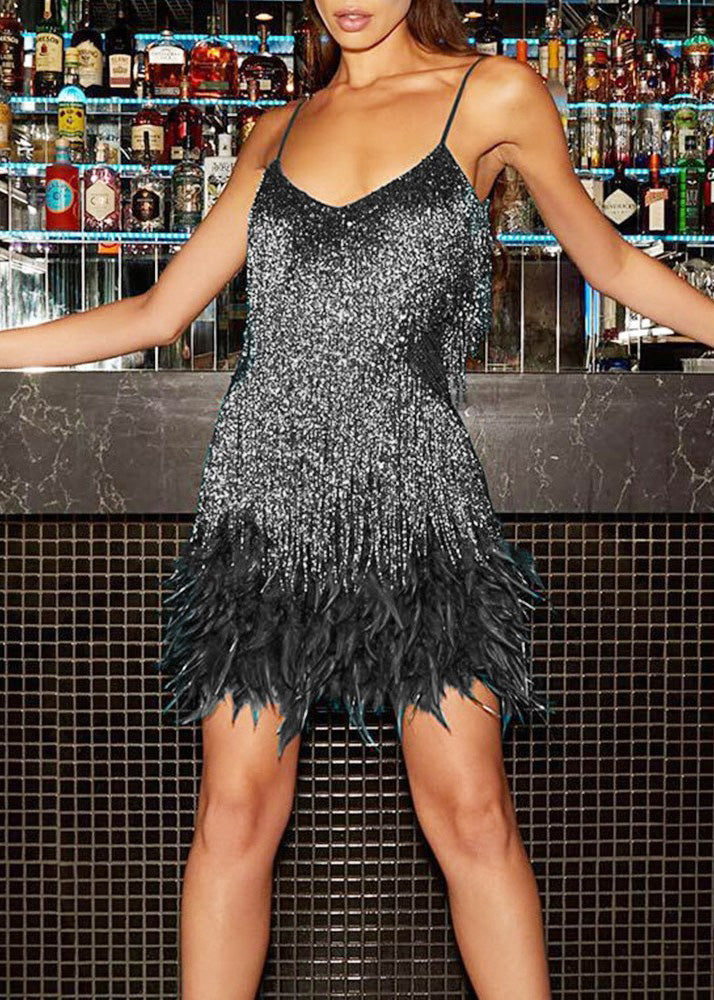 Pink V-Neck Tassel Sequin Feather Patchwork Suspender Dress - View 3
