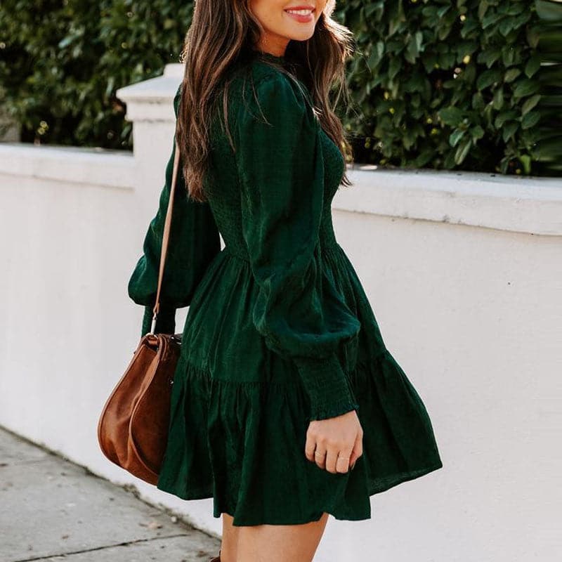 Smocked Mock Neck Puff Sleeve Tiered Ruffle Fit and Flare Mini Dress