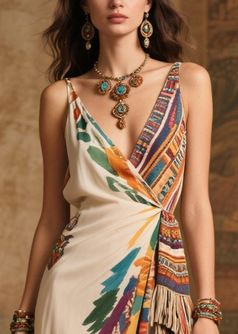 Deep V-Neck Spaghetti Strap Tassel Wrap High Split Satin Maxi Dress - View 2