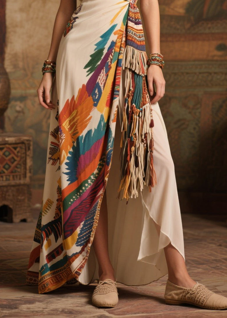 Deep V-Neck Spaghetti Strap Tassel Wrap High Split Satin Maxi Dress - View 4